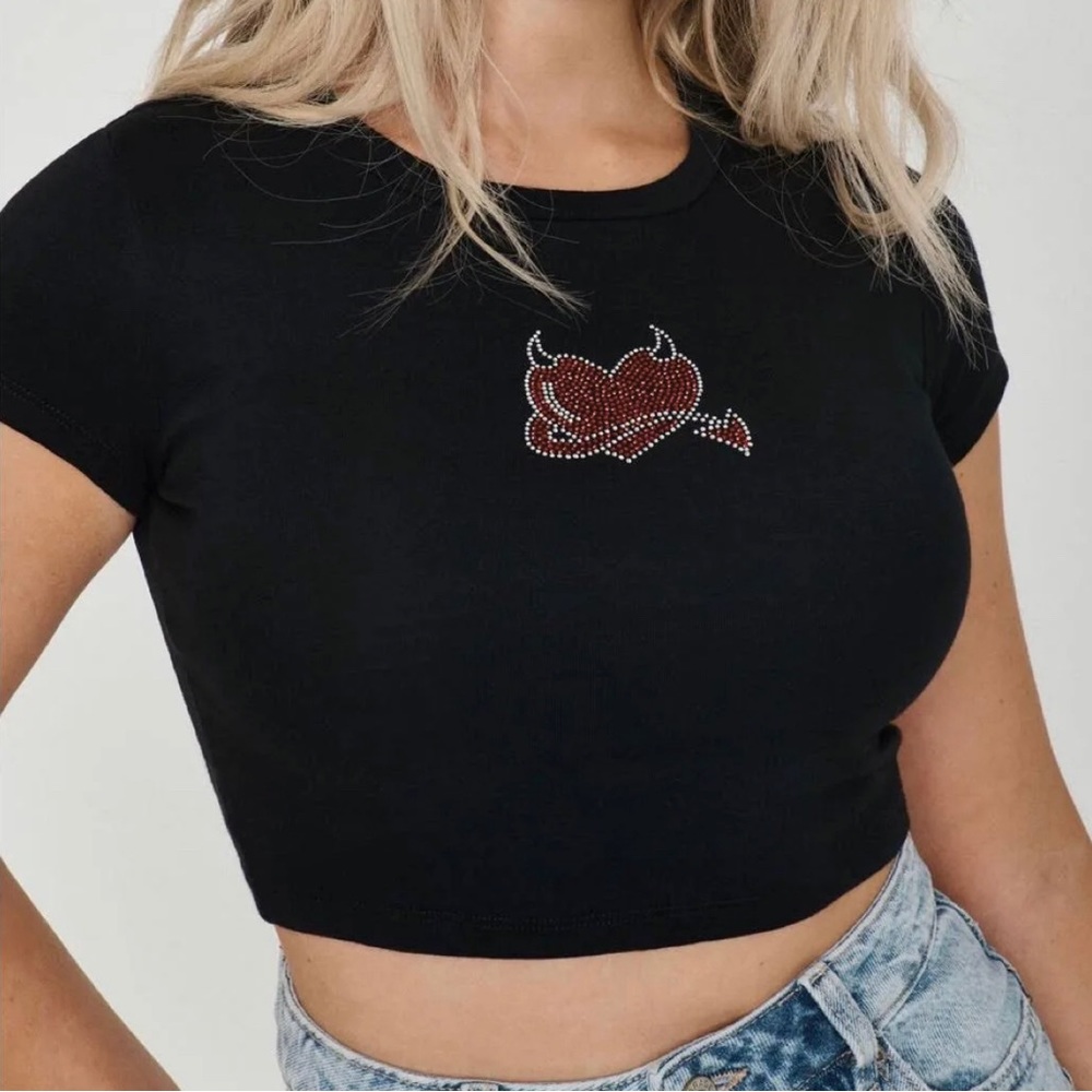 Garage Rhinestone Red Heart Devil tee worn once, size XS. Smoke free home
